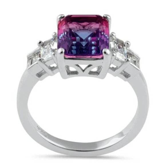 925 STERLING SILVER Bicolor Cubic Zirconia & Baguette Ring Blue & Pink - Picture 15 of 16